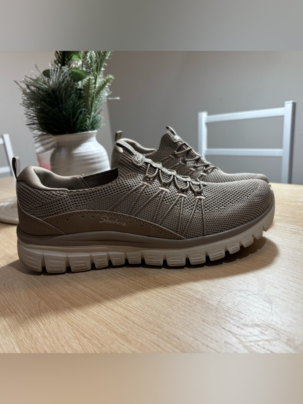 Skechers Women Taupe Knit Slip-On Athletic Sneakers